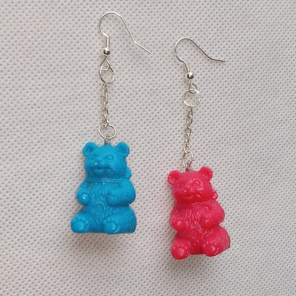 Fun Weird Earrings, Blue & Red Teddy Bear Earrings, Wild, Funky, One of a Kind - Picture 6 of 7